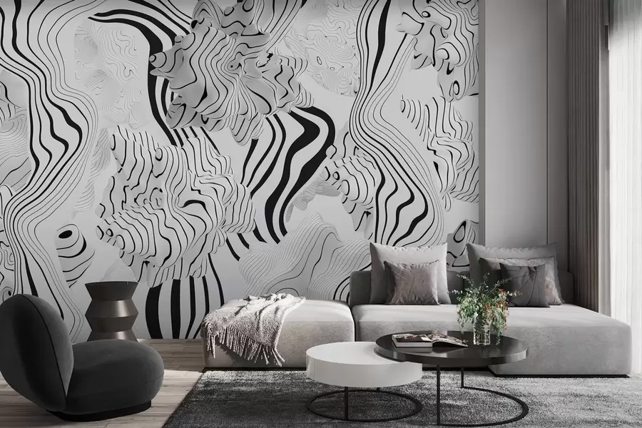 zidne murale apstraktni organski oblici u 3D stilu u bijelim i sivim tonovima s crnim prugama w04627