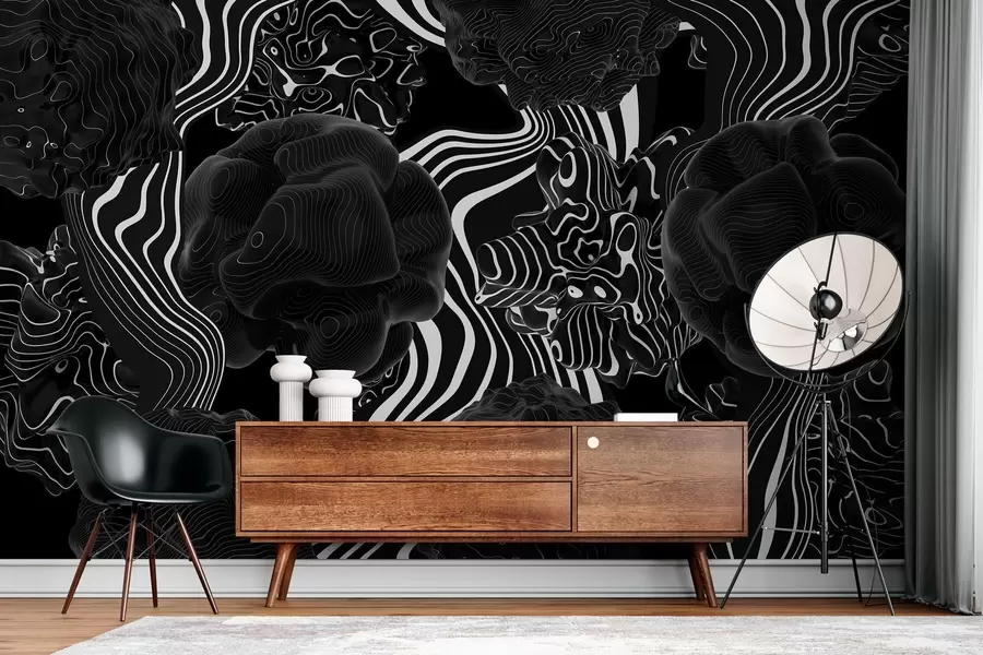 zidne murale apstraktni organski oblici u 3D stilu u crnim tonovima s bijelim prugama w04628