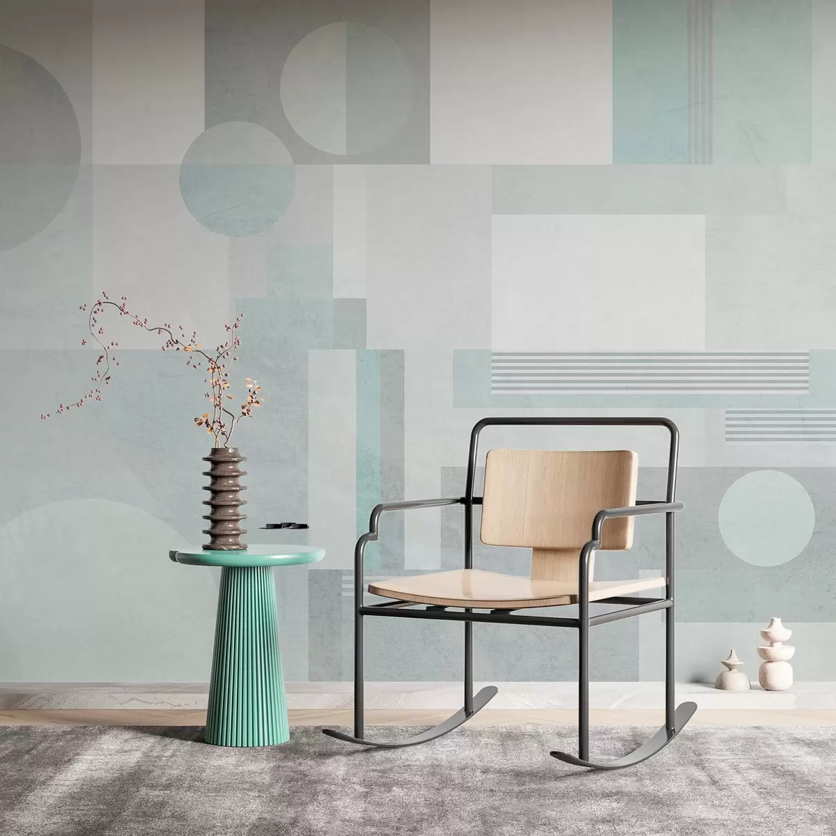 zidne murale apstraktna geometrija u sivo-zelenim tonovima w04635v3