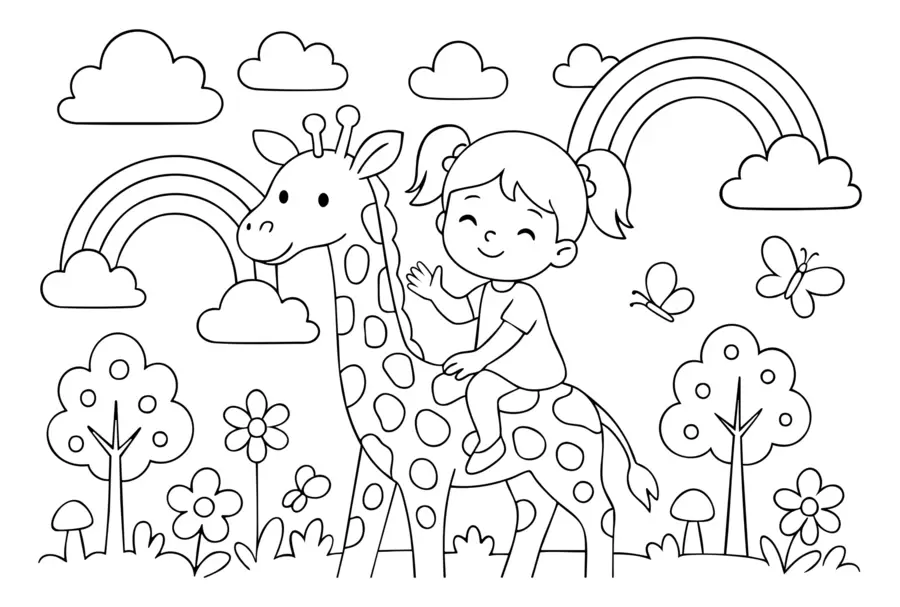 zidne murale crno-bijeli crtež djevojčice na žirafi u stilu dječje bojanke w04753