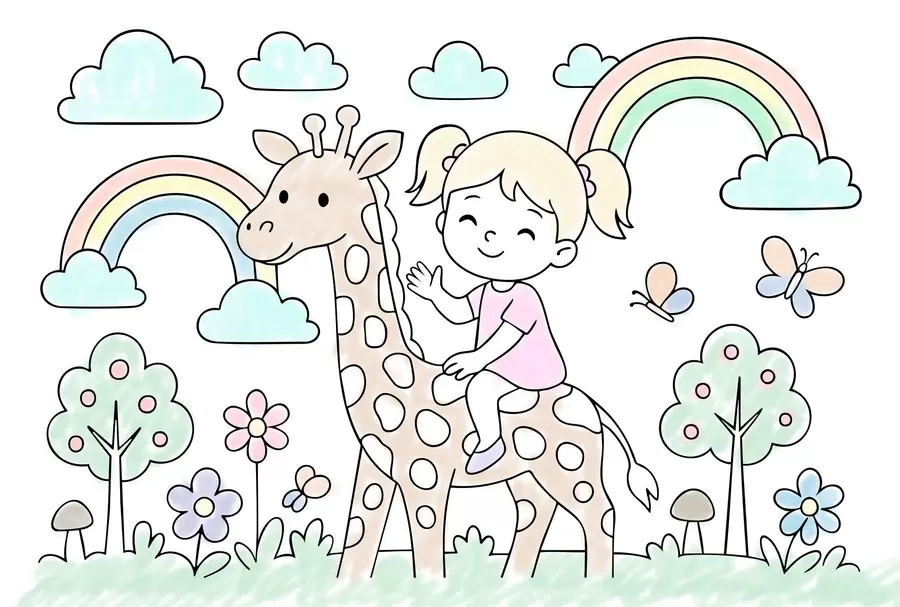 zidne murale djevojčica na žirafi u stilu dječje bojanke w04755