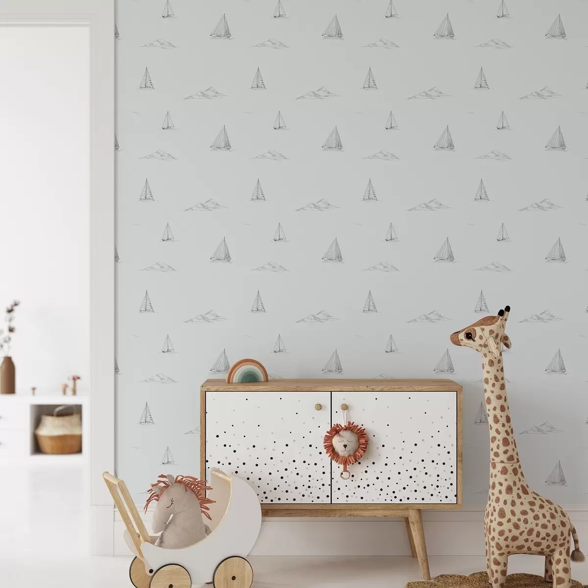 Pozadina Skicirajte jahte i otoke, hladna plavo-siva pozadina a00654