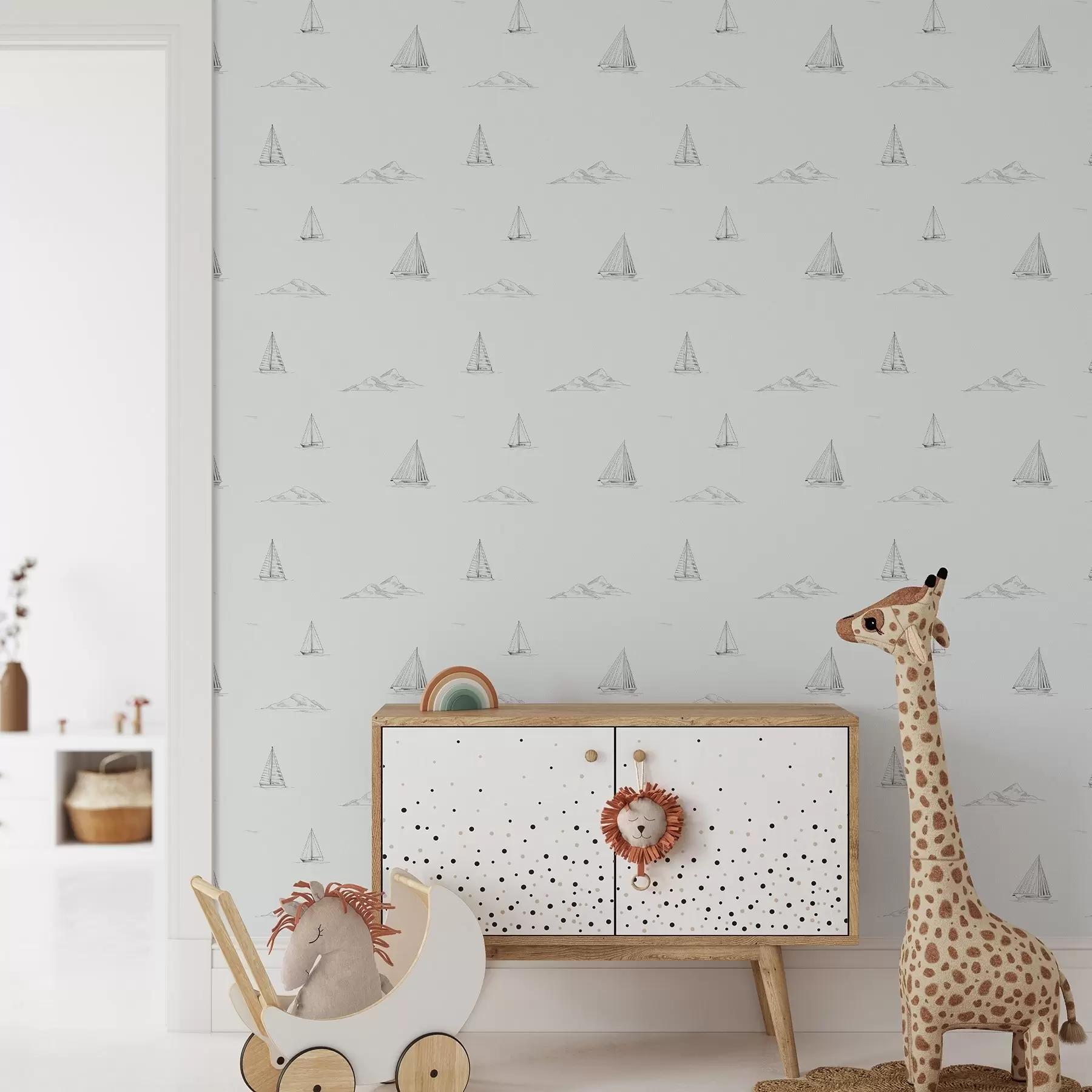 zidne murale Skicirajte jahte i otoke, hladna plavo-siva pozadina a00654