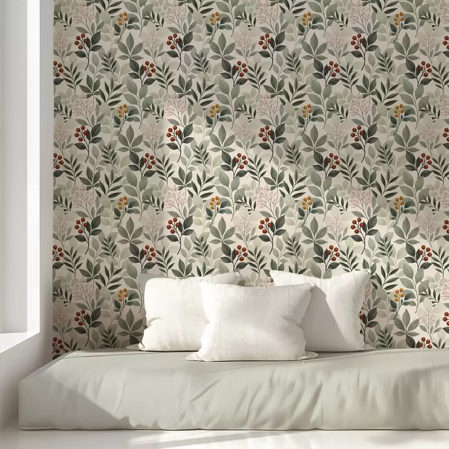 zidne murale Lišće s bobicama, svijetla pozadina a00713