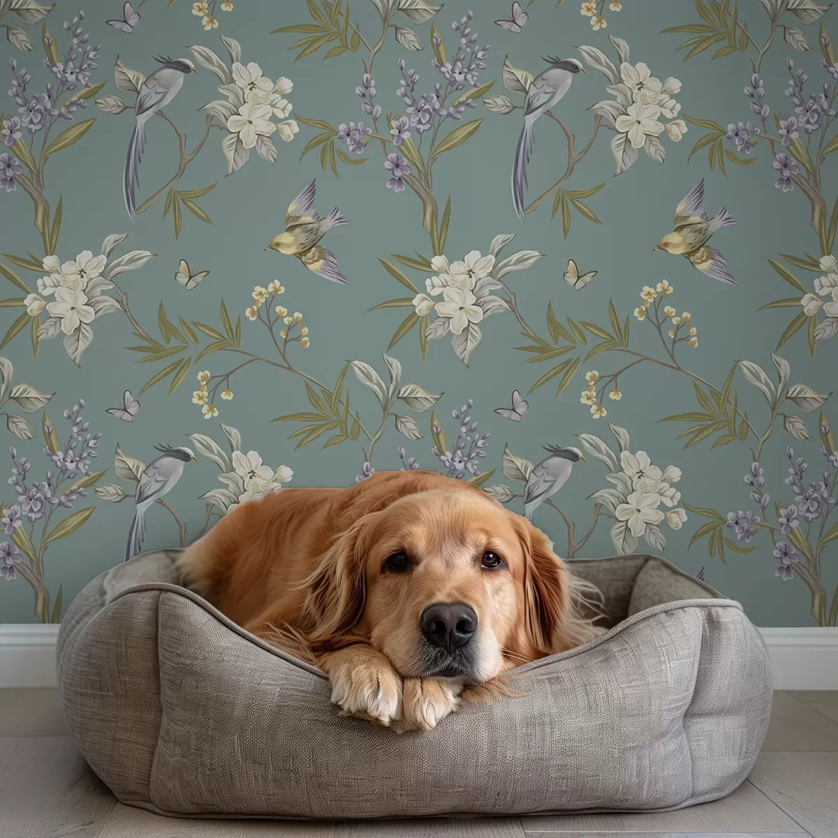 Pozadina Ptice, cvijeće i leptiri na plavo-sivoj pozadini a00735