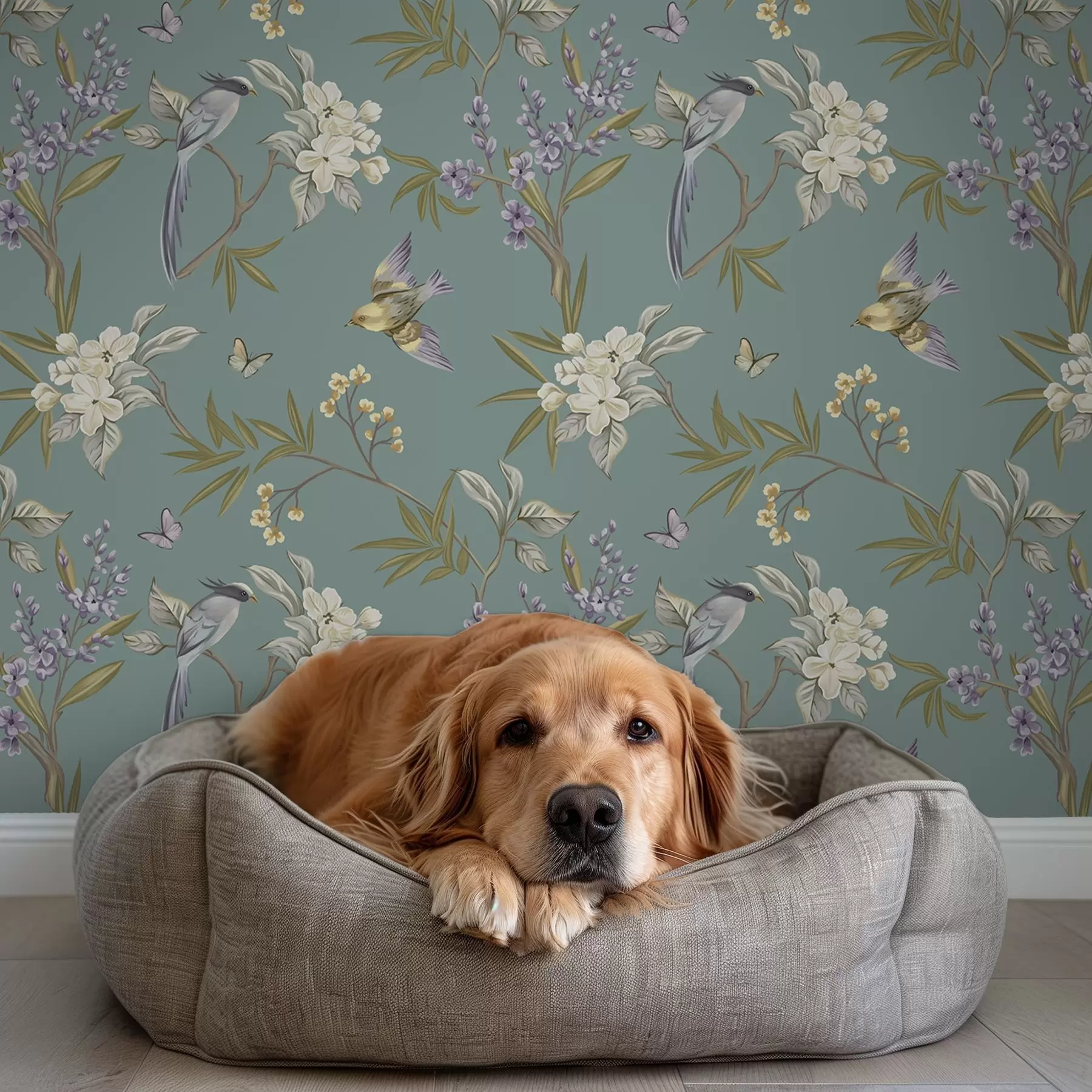 zidne murale Ptice, cvijeće i leptiri na plavo-sivoj pozadini a00735