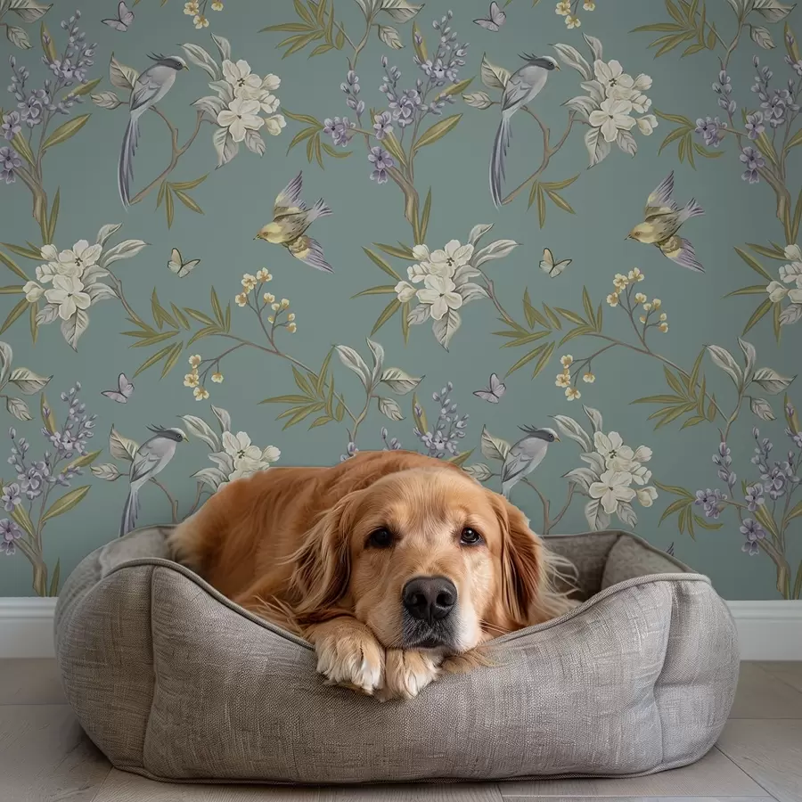 zidne murale Ptice, cvijeće i leptiri na plavo-sivoj pozadini a00735