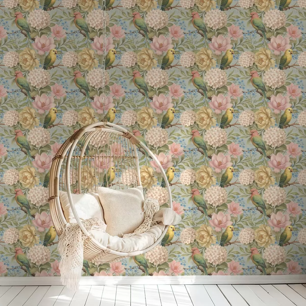 Pozadina Papige među božurima, hortenzijama i magnolijama a00747