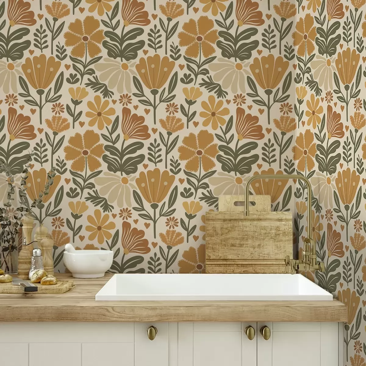 Pozadina Stilizirano cvijeće u toplim tonovima sa srcima a00752