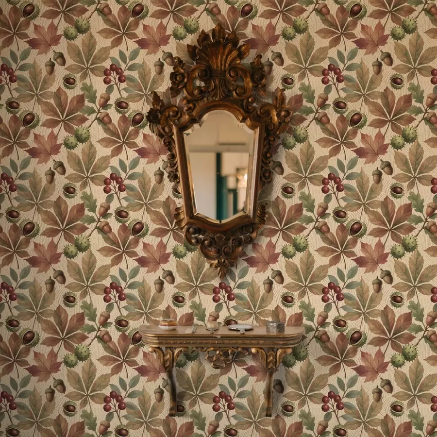 zidne murale Jesensko lišće, žirevi i bobice na bež pozadini a00754