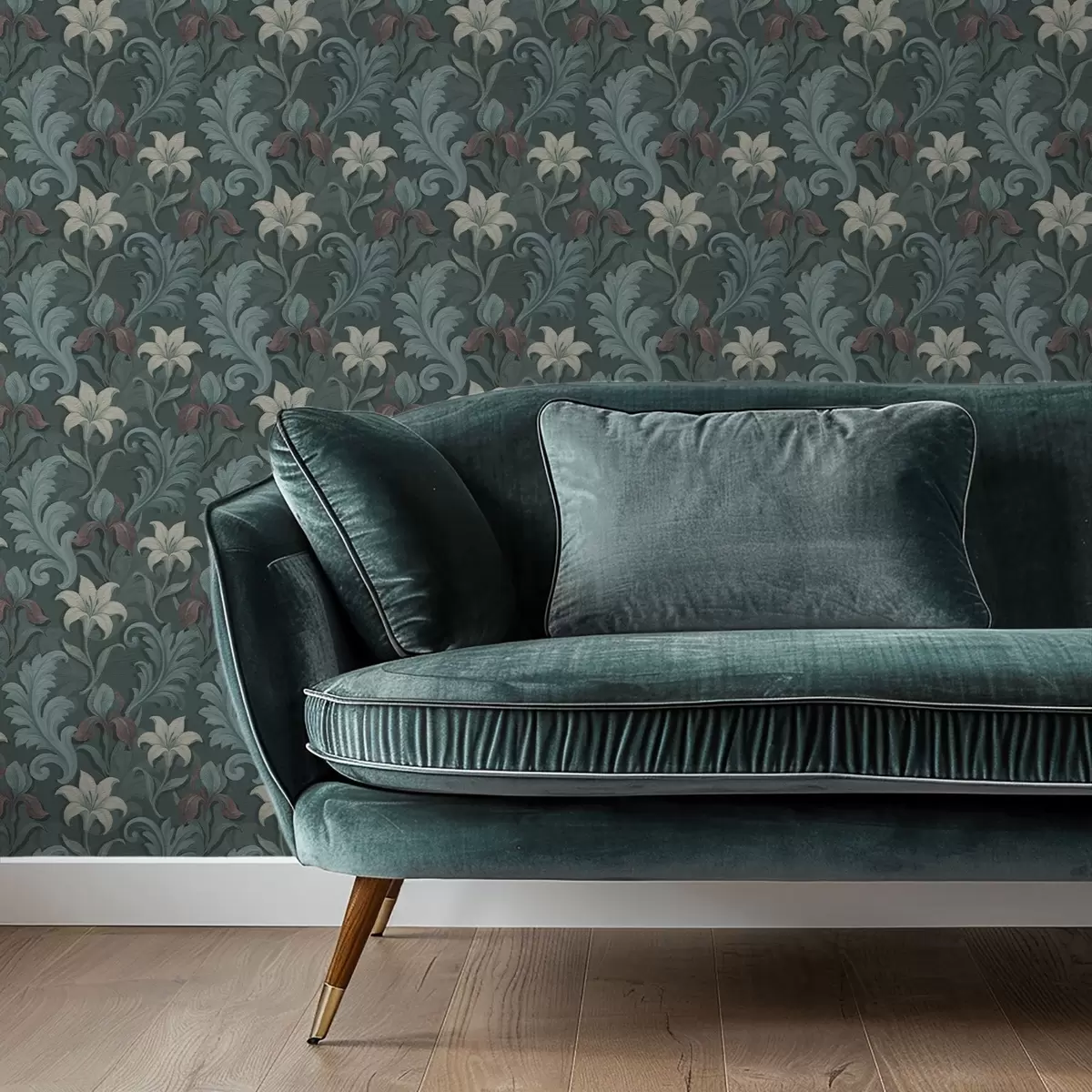 Pozadina Tamnozelena pozadina s perunikama i ukrasnim lišćem a00755