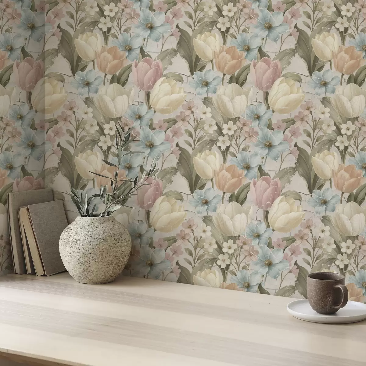 Pozadina Pastelni tulipani i cvijeće na svijetloj ispucaloj pozadini a00756