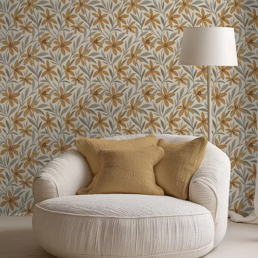 zidne murale Žuti ljiljani i sivozeleno lišće na svijetloj pozadini a00757