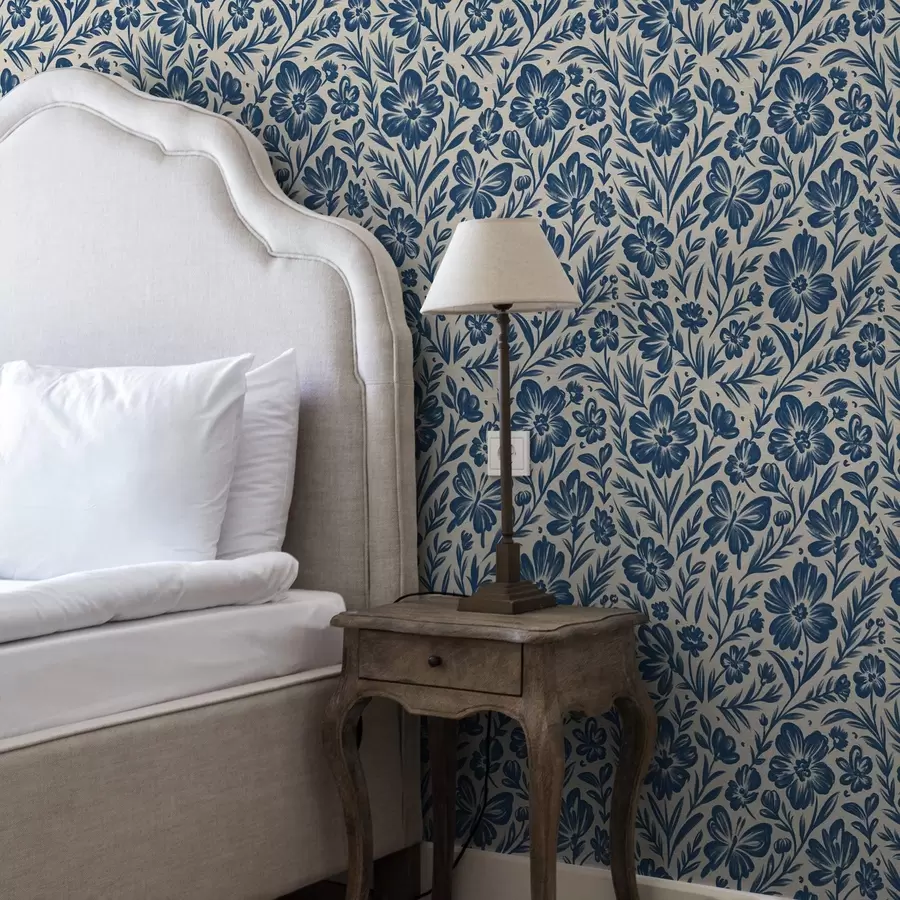 zidne murale Plavi cvjetni ornament s leptirima a00758