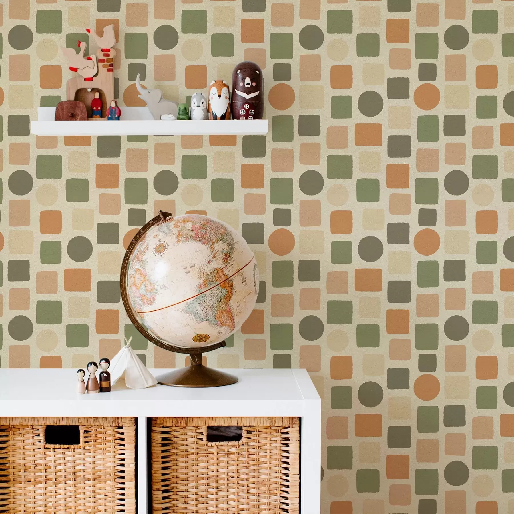 zidne murale Geometrijski uzorak kvadrata i krugova u toplim tonovima a00759