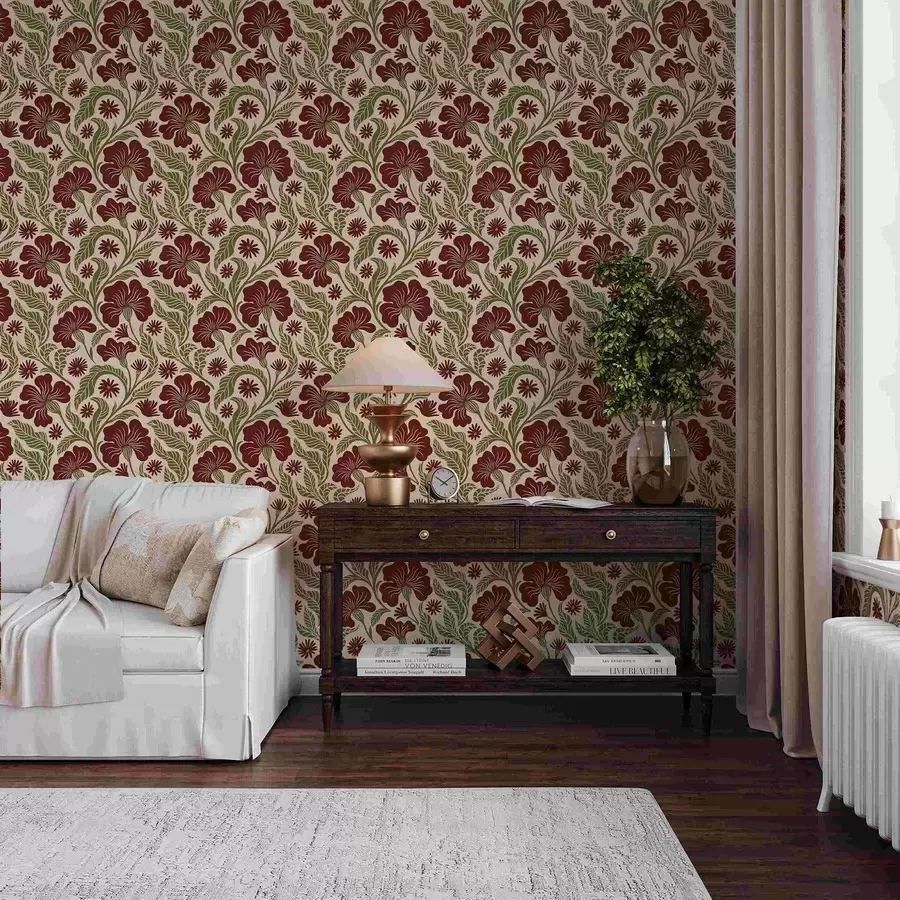 zidne murale Bordo cvijeće sa zelenim lišćem na svijetloj pozadini a00761