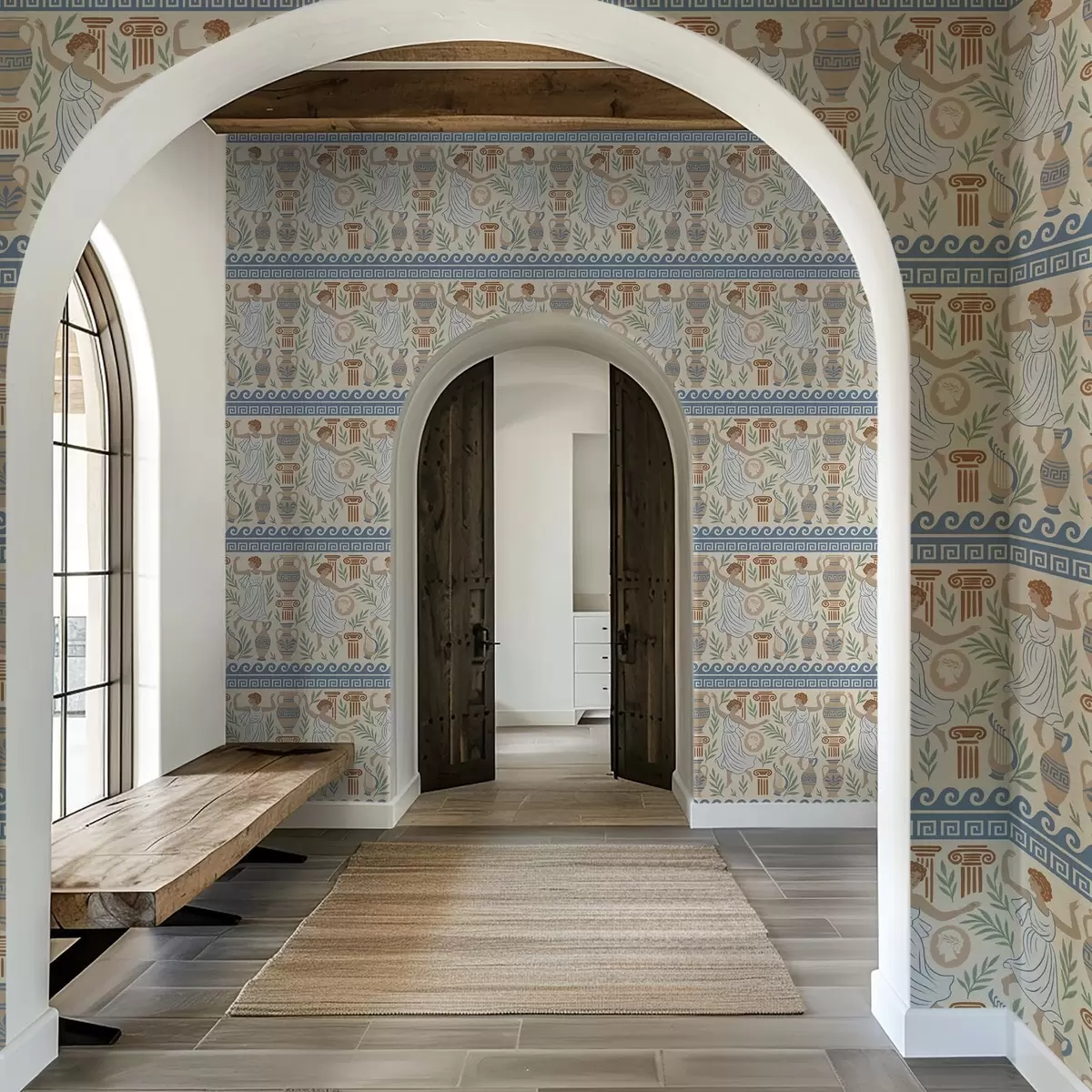 Pozadina Starogrčki ornament s figurama, vazama i stupovima a00768