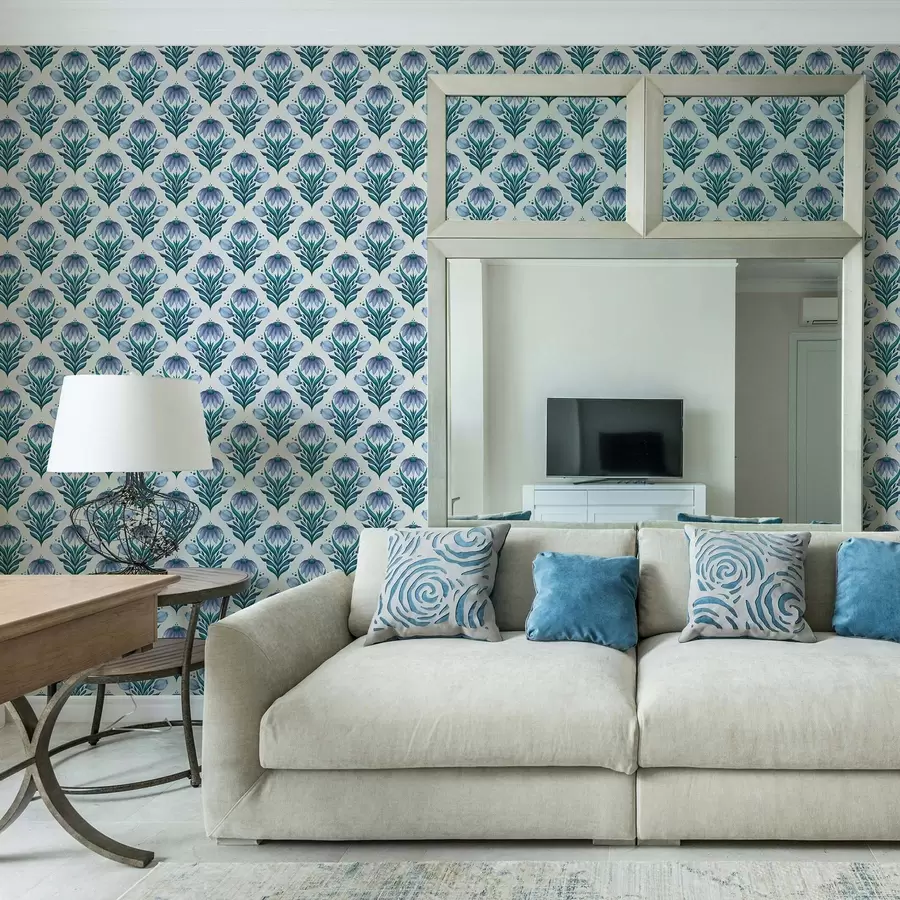 zidne murale Simetrični cvjetni ornament u plavo-bijelim nijansama a00812v2