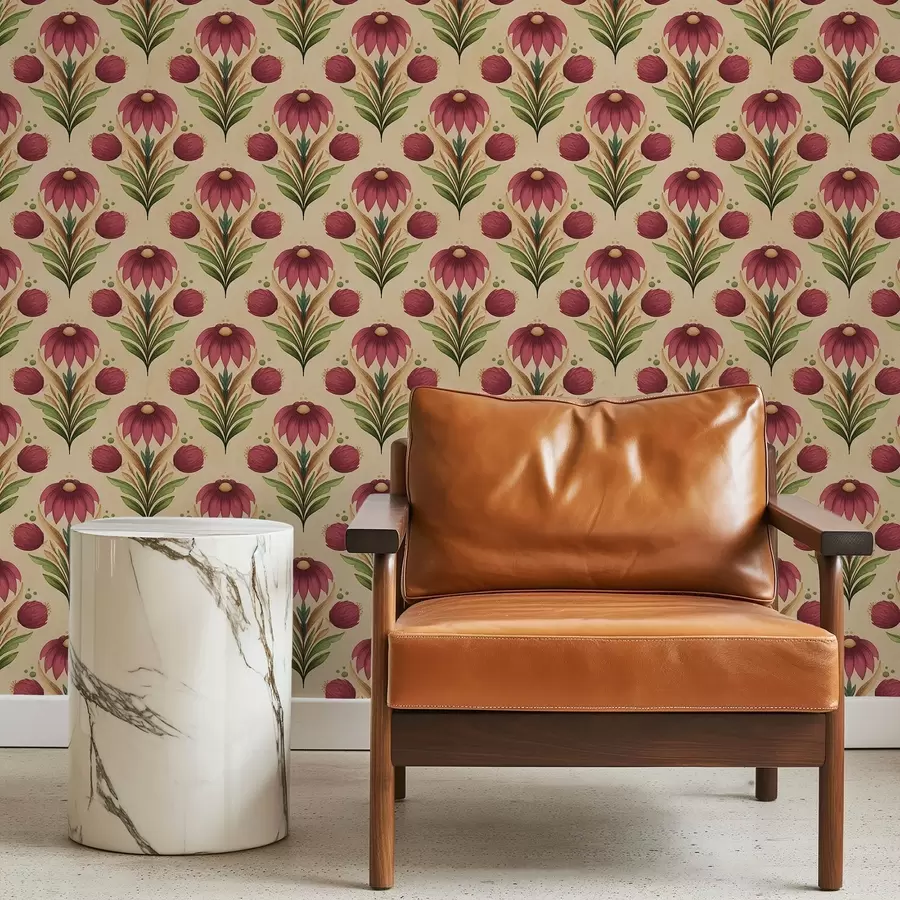 zidne murale Simetrični cvjetni ornament na toploj bež pozadini a00812v6