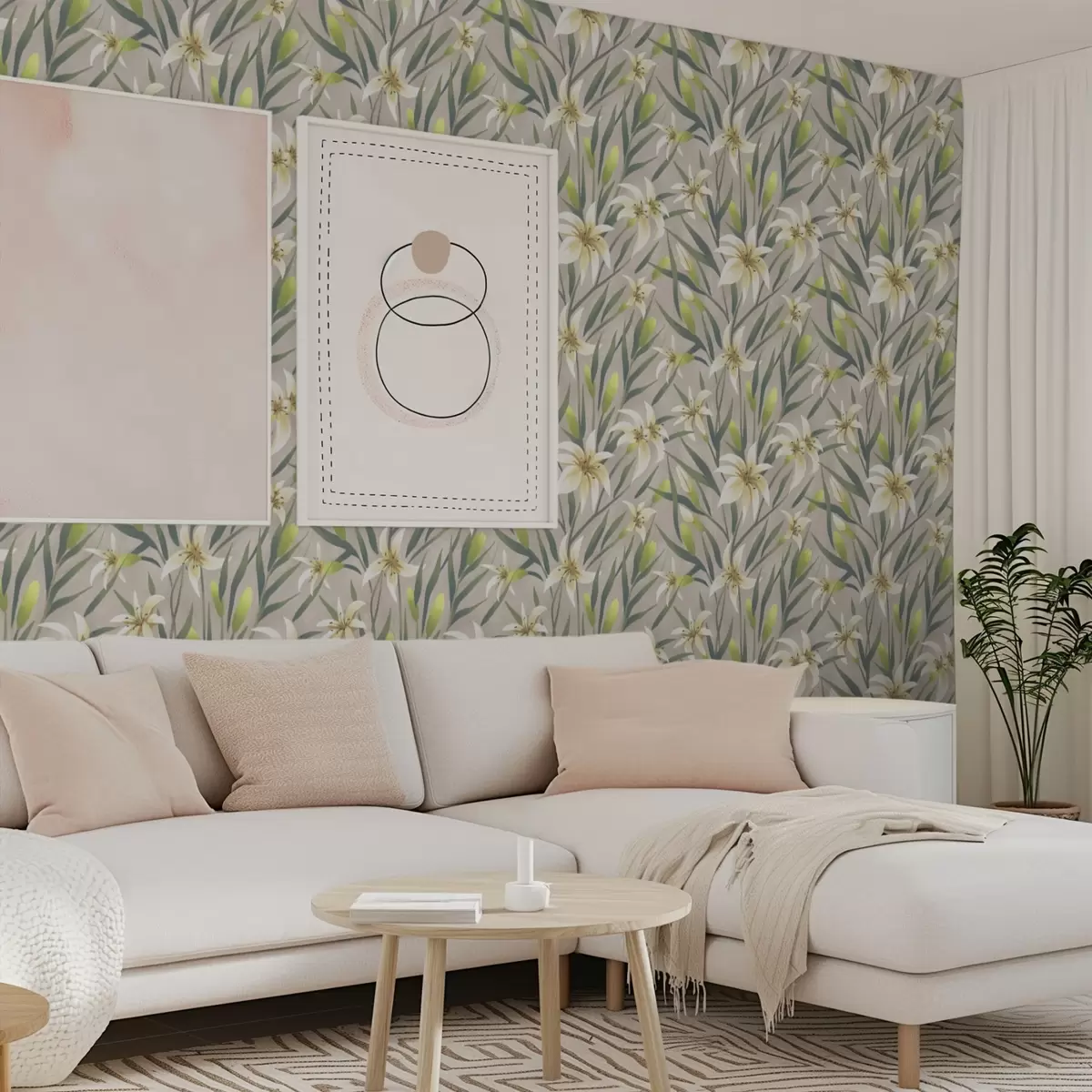 Pozadina Krem ljiljani s lišćem na sivo-bež pozadini a00837