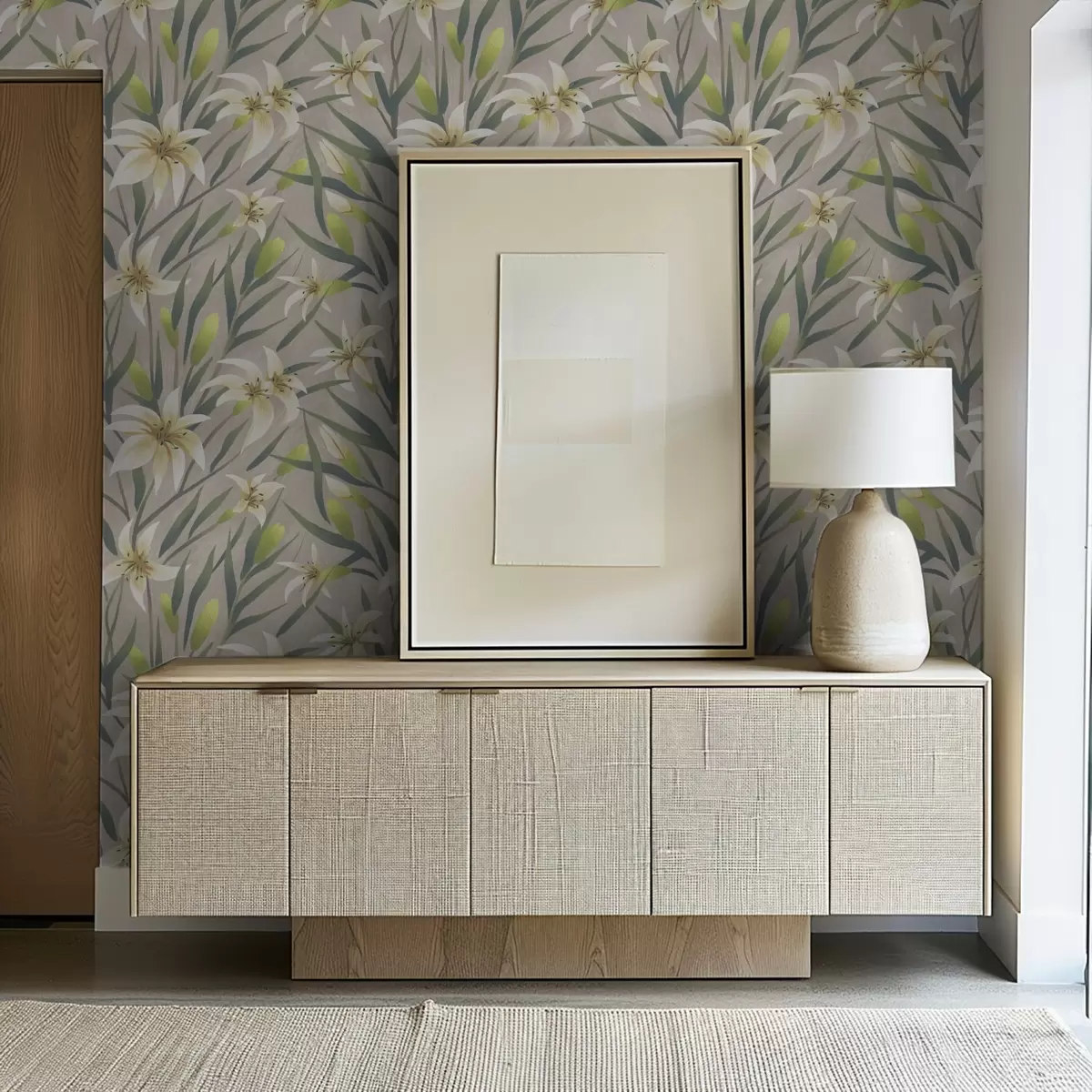 Pozadina Krem ljiljani s lišćem na sivo-bež pozadini a00837