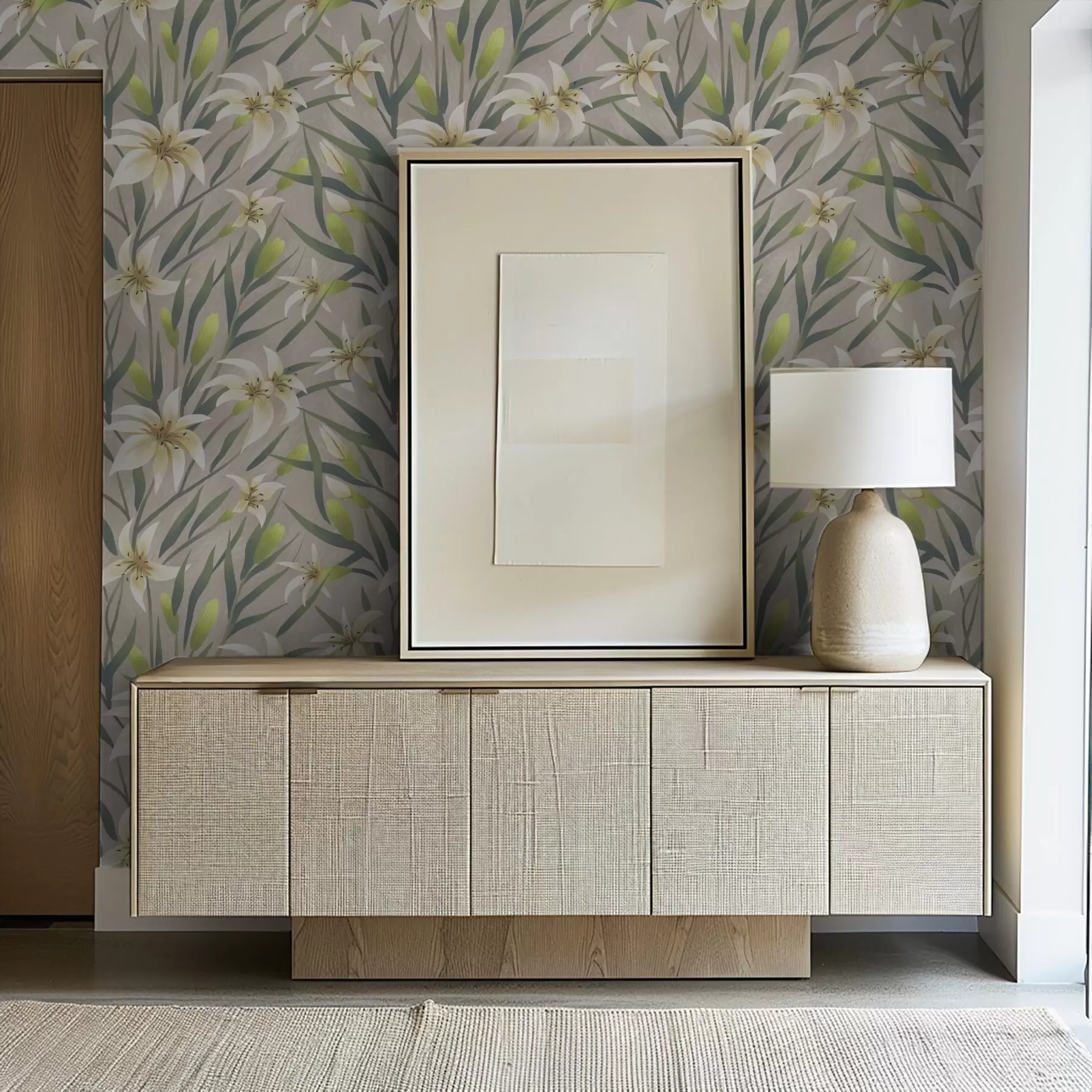 zidne murale Krem ljiljani s lišćem na sivo-bež pozadini a00837