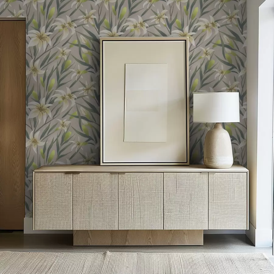 zidne murale Krem ljiljani s lišćem na sivo-bež pozadini a00837