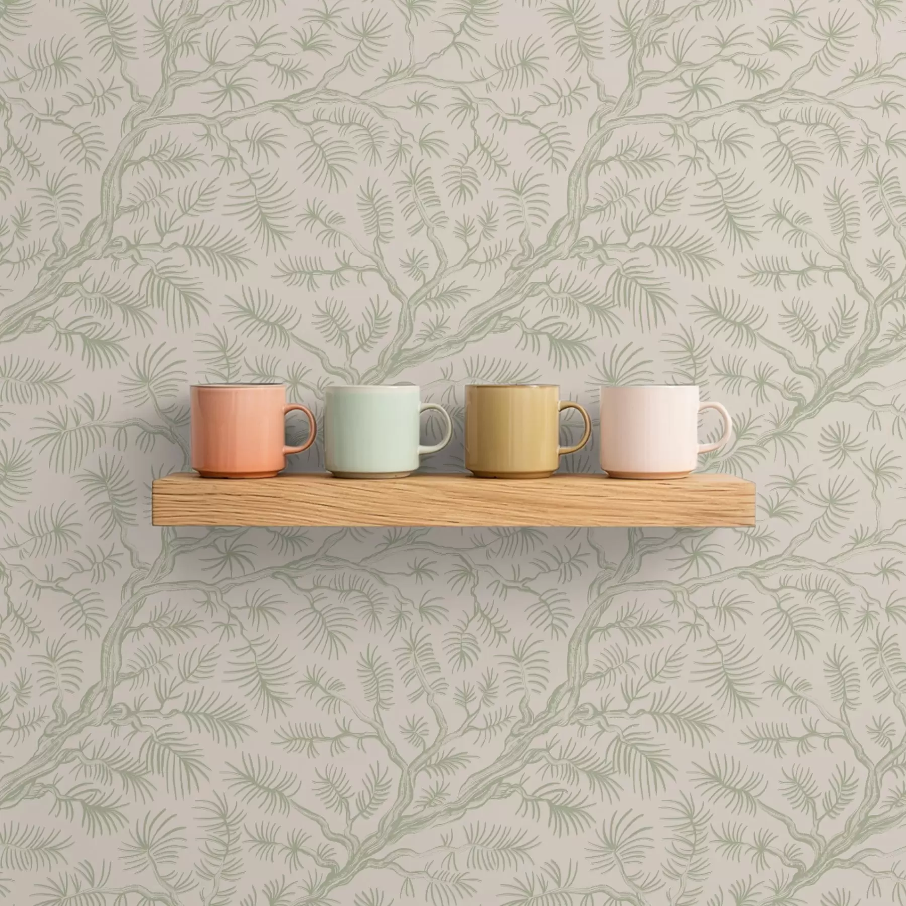 zidne murale Borove grane u svijetlozelenim tonovima na bež pozadini a00838v1