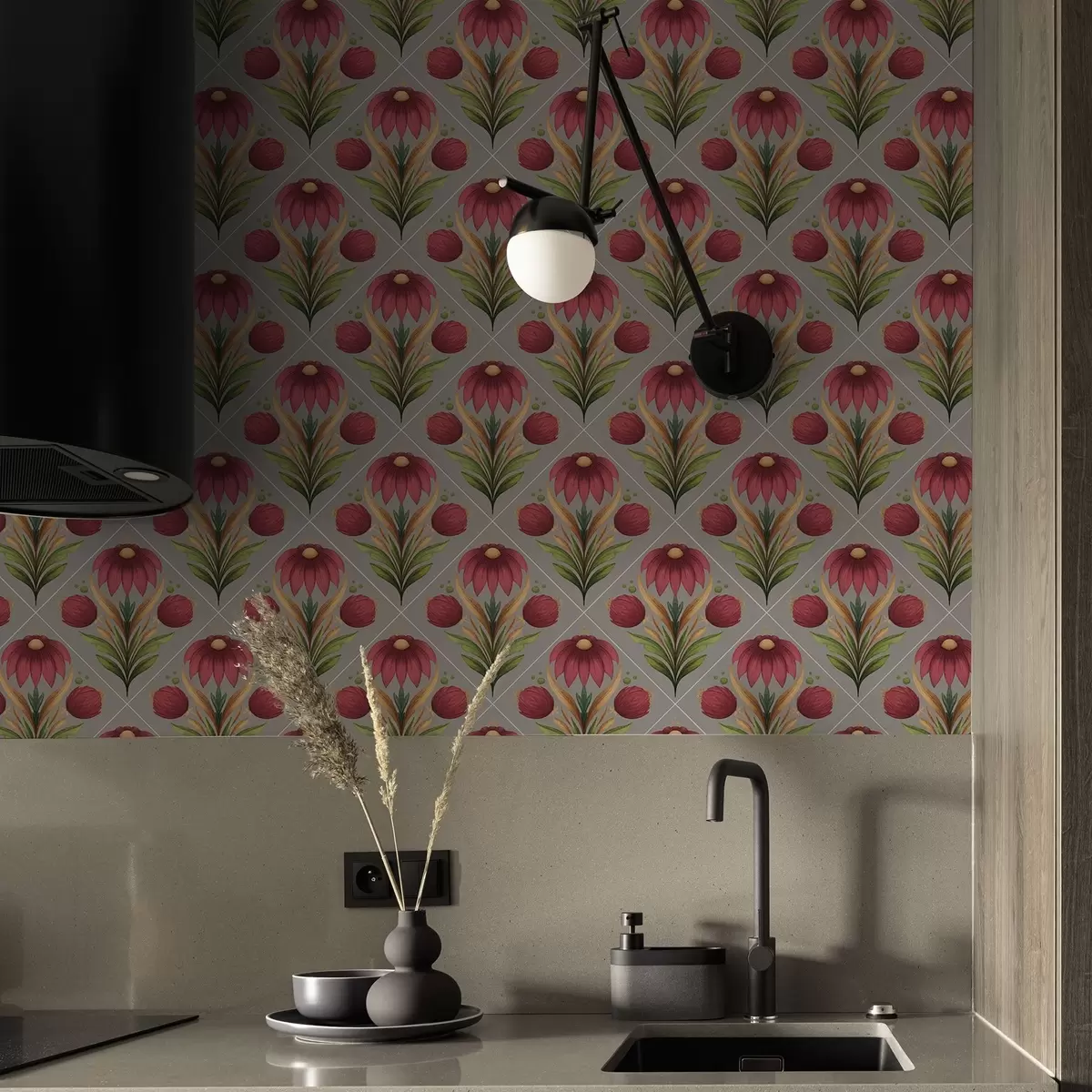 Pozadina Simetrični cvjetni ornament na sivoj pozadini s dijagonalama a00869