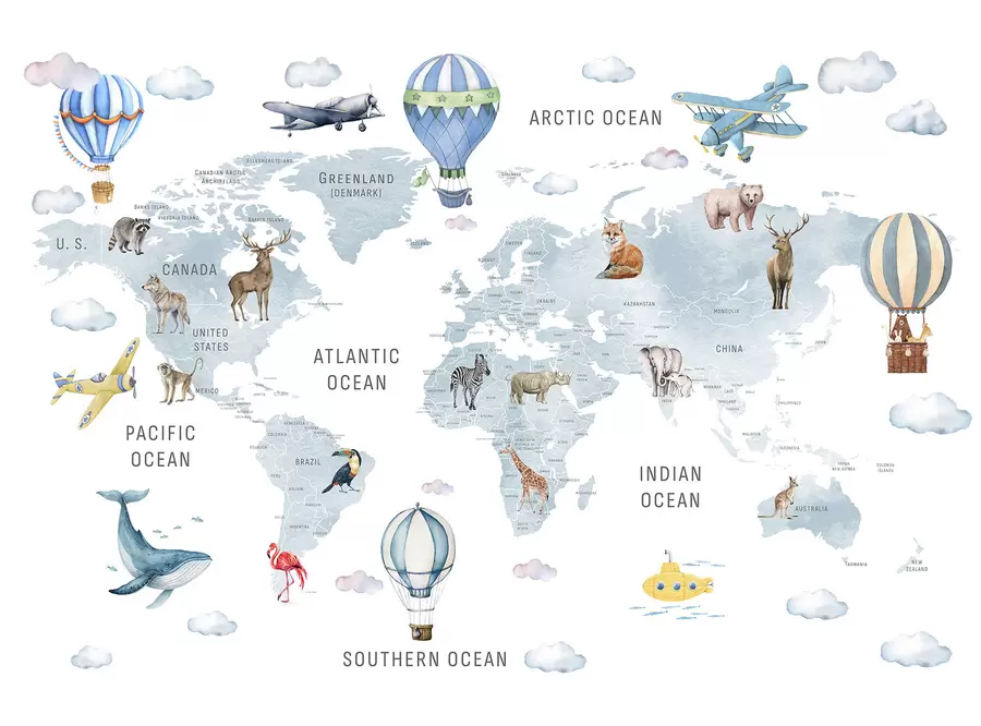 zidne murale Dječja karta u akvarelnom stilu sa životinjama i balonima na vrući zrak. Engleski jezik. Plava boja. c00001env1