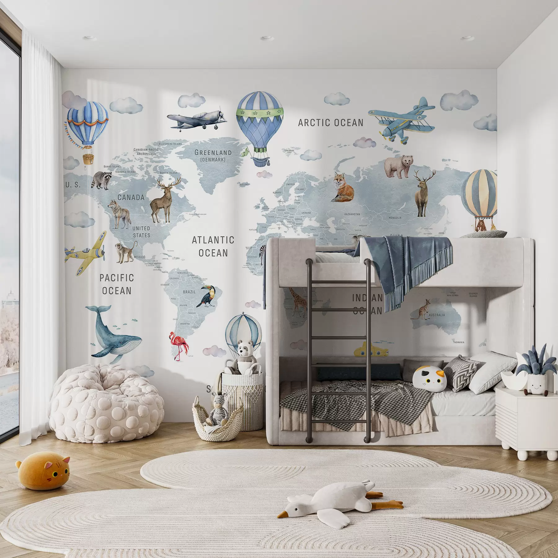 zidne murale Karta u akvarelnom stilu za djecu sa životinjama i balonima na vrući zrak. Engleski jezik. Plava boja. c00001env1