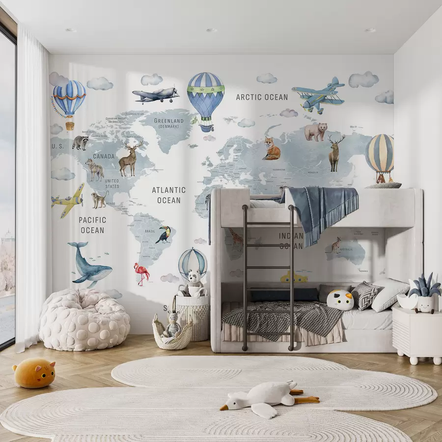 zidne murale Dječja karta u akvarelnom stilu sa životinjama i balonima na vrući zrak. Engleski jezik. Plava boja. c00001env1