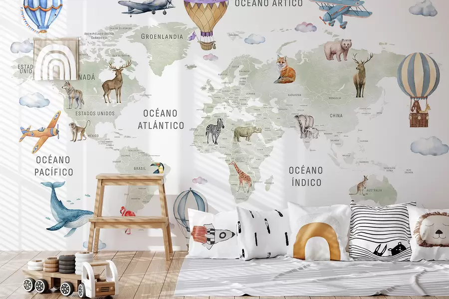 zidne murale Dječja karta u akvarelnom stilu sa životinjama i balonima na vrući zrak. Španjolski jezik. Zelena boja. c00001es