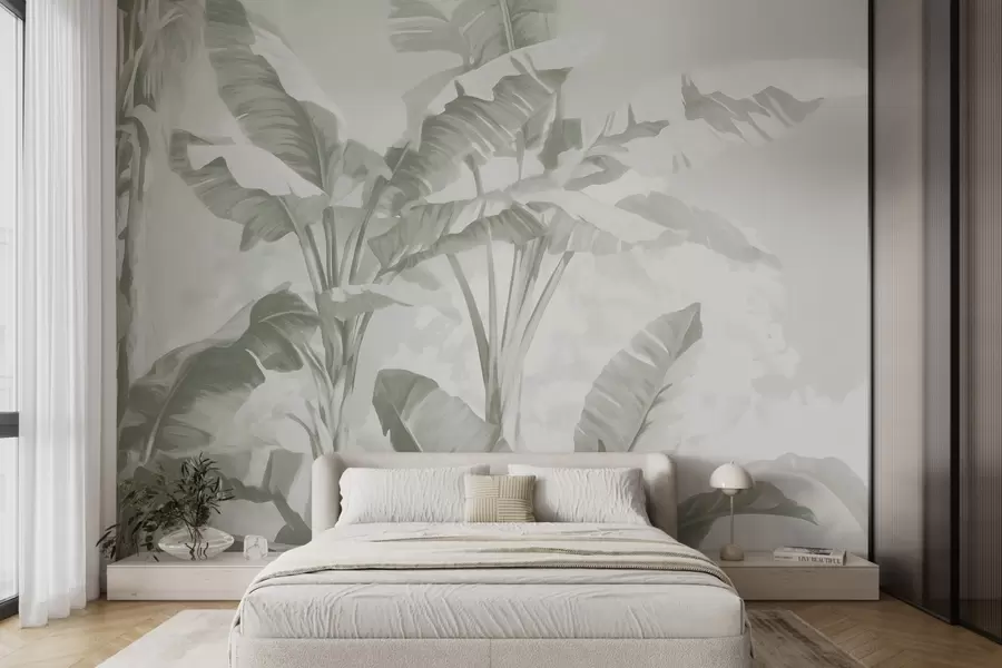 zidne murale Tropski listovi banane u nježnim zelenim nijansama w09311v1