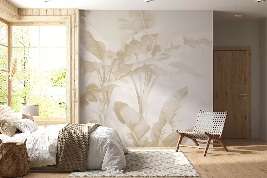 zidne murale Tropski listovi banane u nježnim bež tonovima w09311v2