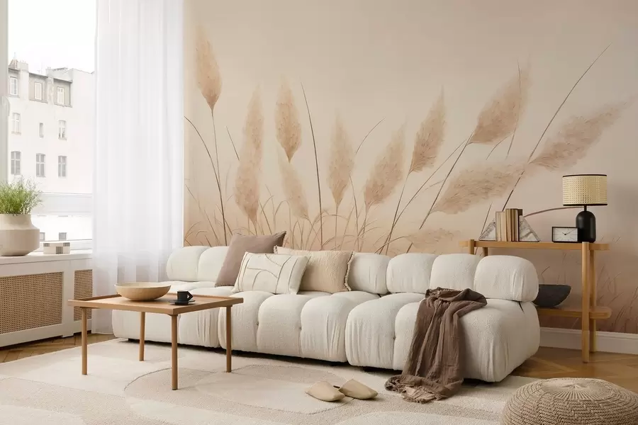 zidne murale Mekana bež pampas trava u polju w09324