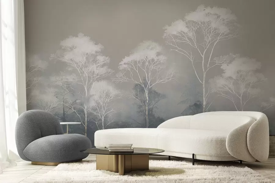 zidne murale Minimalistička stabla u plavo-sivoj paleti, u magli w09448