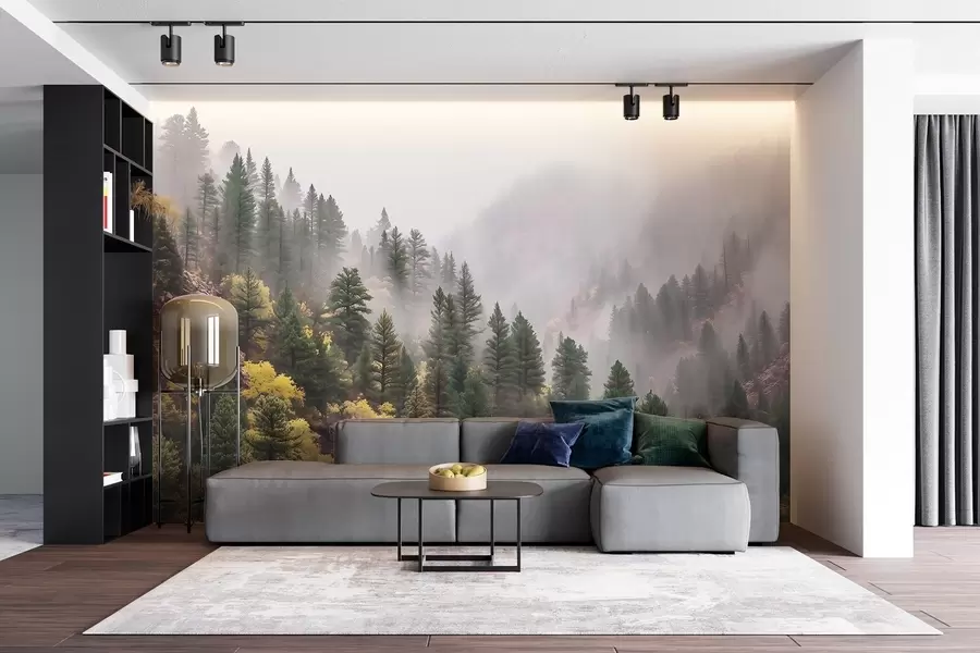 zidne murale Atmosferska maglovita borova šuma u planinama w09463