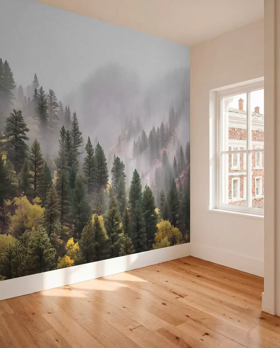 zidne murale Atmosferska maglovita borova šuma u planinama w09463