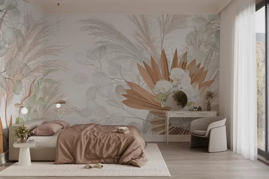 zidne murale Pampas trava, eukaliptus, tropsko lišće i orhideje na bijeloj pozadini, pastelne boje w09366