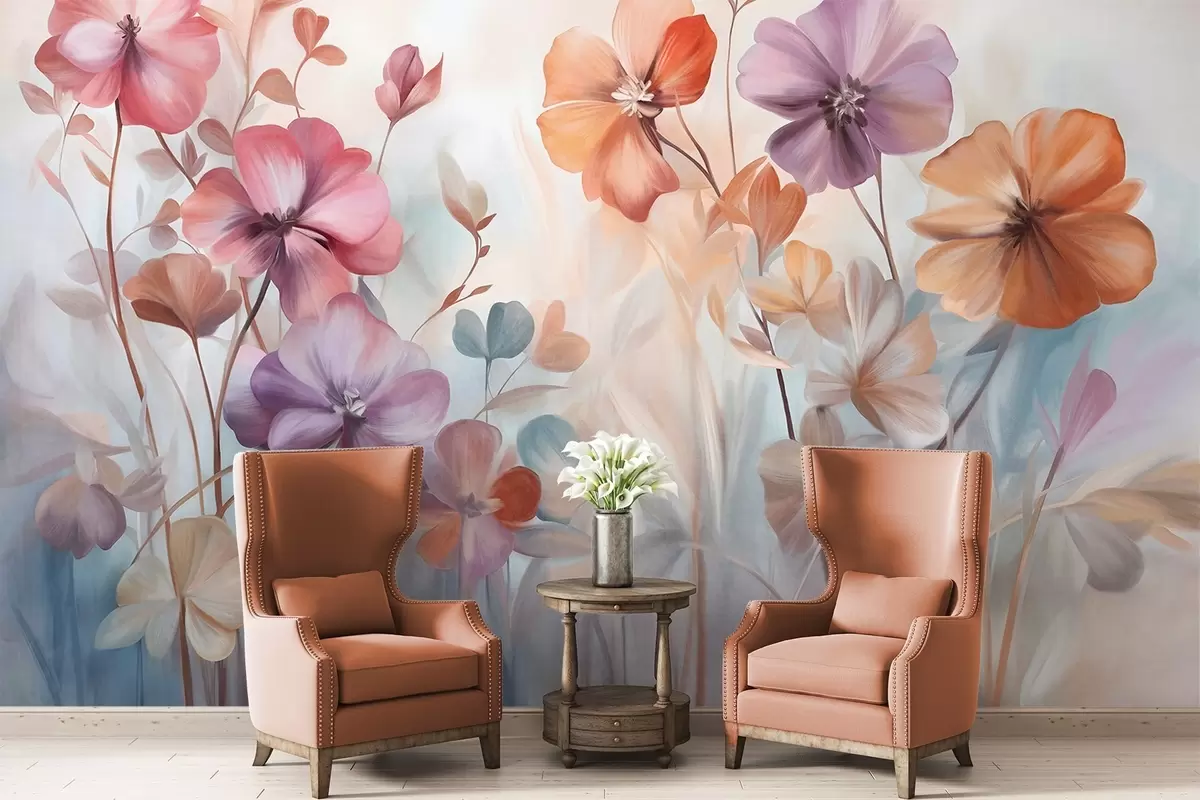 zidne murale Teksturni cvjetni aranžman s ružičastim, ljubičastim i narančastim cvjetovima sa zelenim stabljikama i listovima, meke pastelne boje w09486