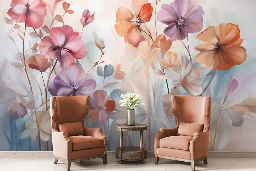 zidne murale Teksturni cvjetni aranžman s ružičastim, ljubičastim i narančastim cvjetovima sa zelenim stabljikama i listovima, meke pastelne boje w09486