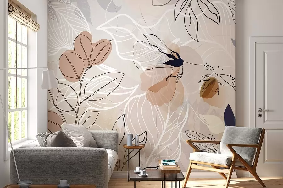 zidne murale Bež apstraktna pozadina s linijskom umjetnošću lišća i cvijeća, moderni, minimalistički, organski oblici, botanički print  w09487