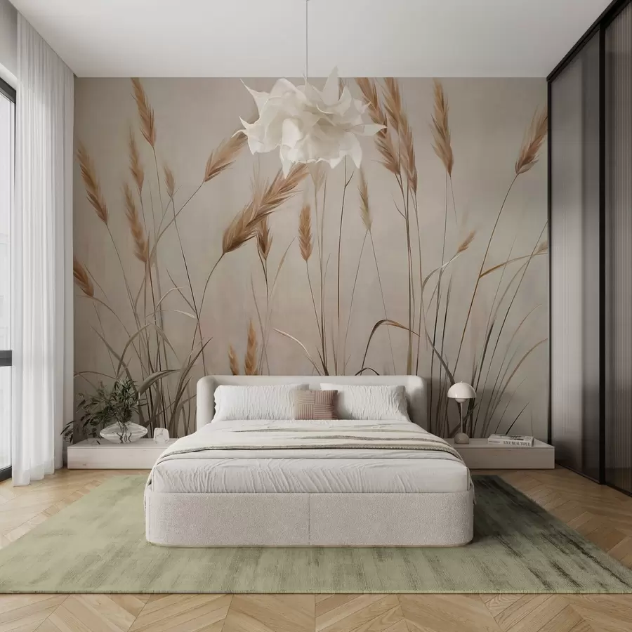 zidne murale Pšenično teksturirano polje sa žutim klasjem žita, bež pozadina, prirodno osvjetljenje, topli tonovi, detaljni potezi kistom w09493