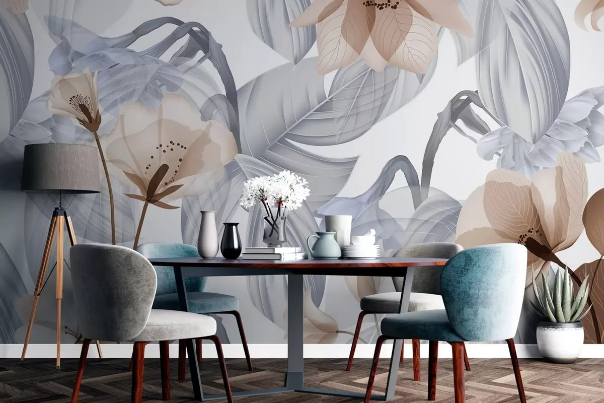 zidne murale Smeđe cvijeće i sivo lišće, cvjetna botanička pozadina, elegantan dizajn, meke boje, lagani nježni detalji w09497v1