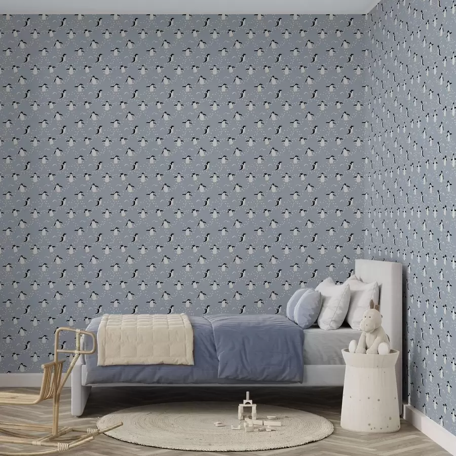 zidne murale Pingvini na sivo-plavoj boji s otiscima stopala a00655