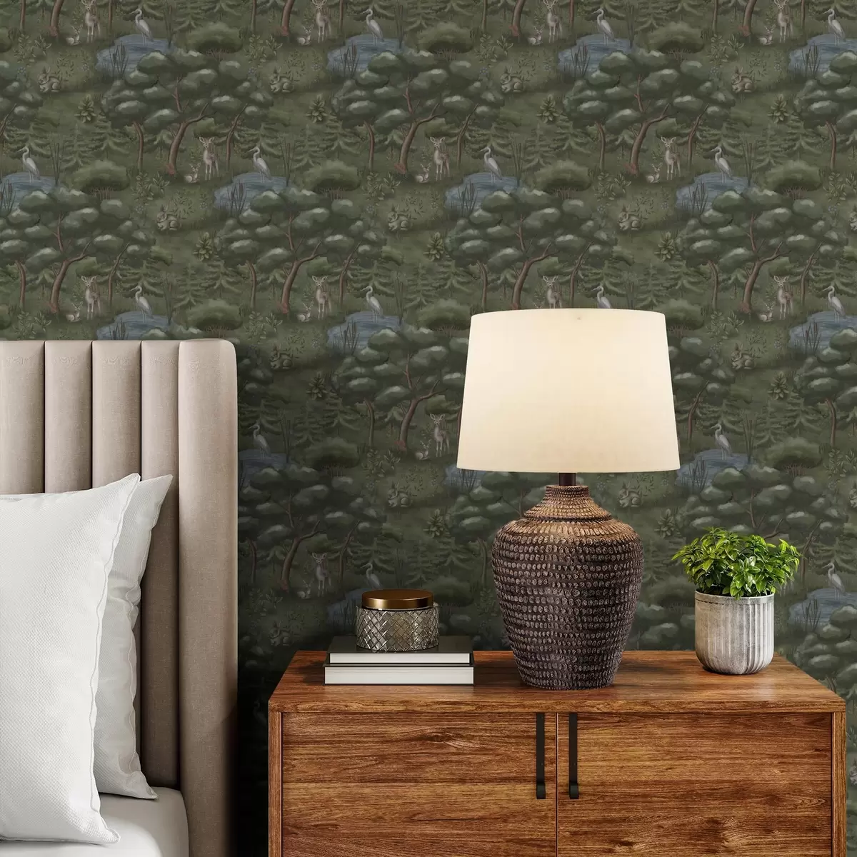 Pozadina Šumska čistina s lancima, zečevima i čapljama a00680