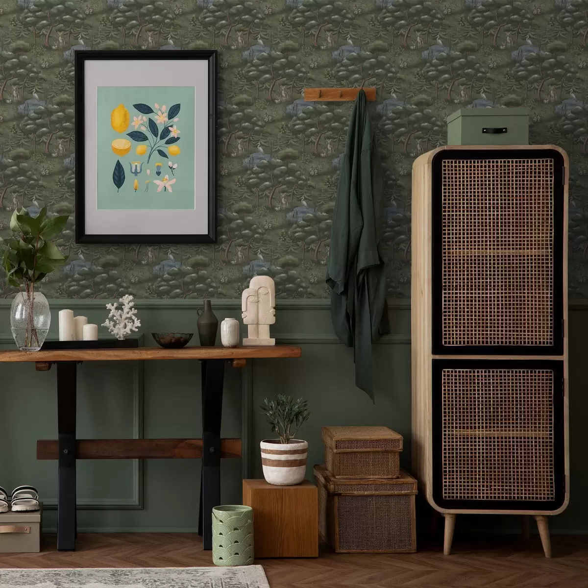 Pozadina Šumska čistina s lancima, zečevima i čapljama a00680