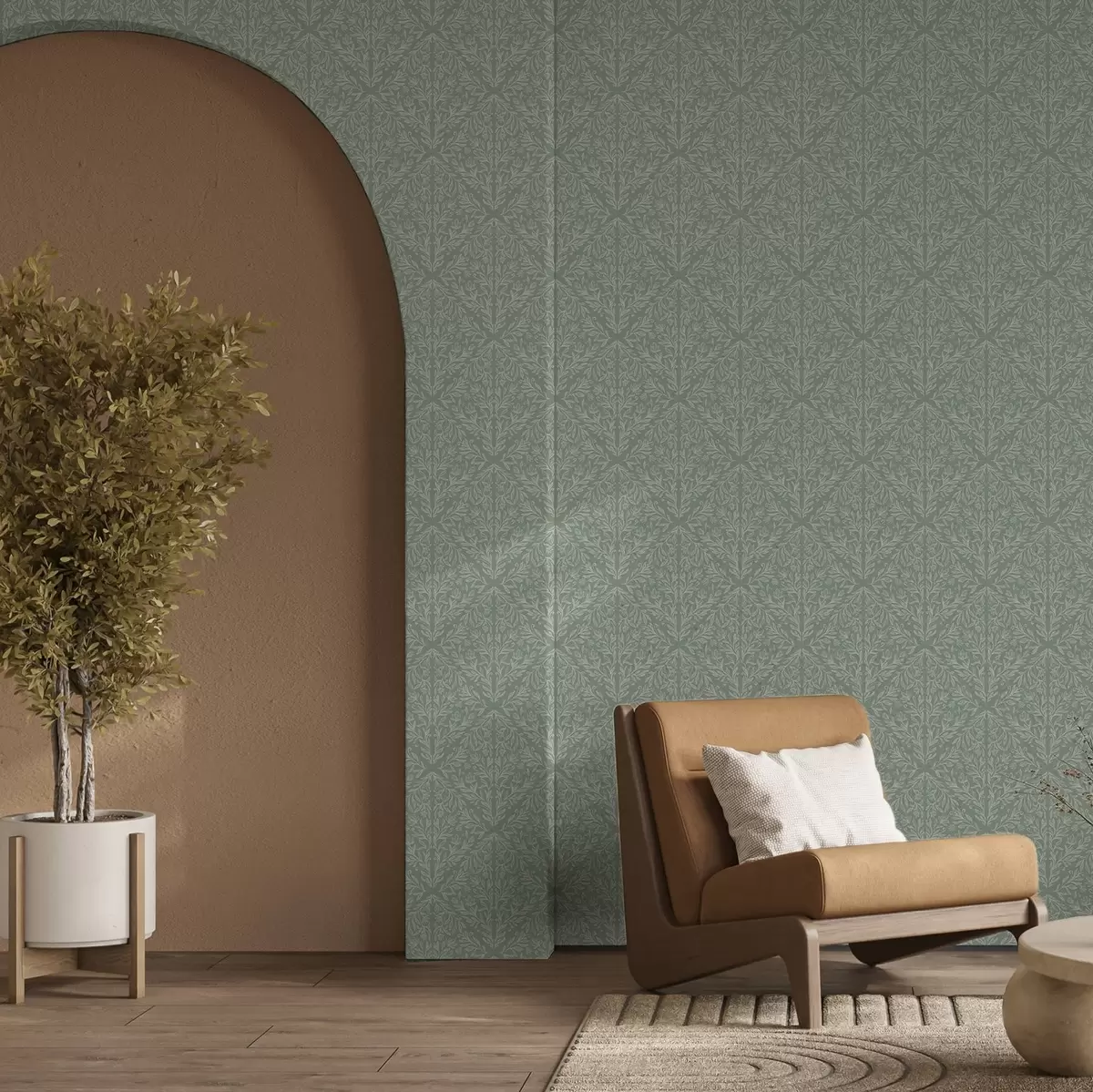 Pozadina Botanički damast na menta-maslinastoj pozadini a00815