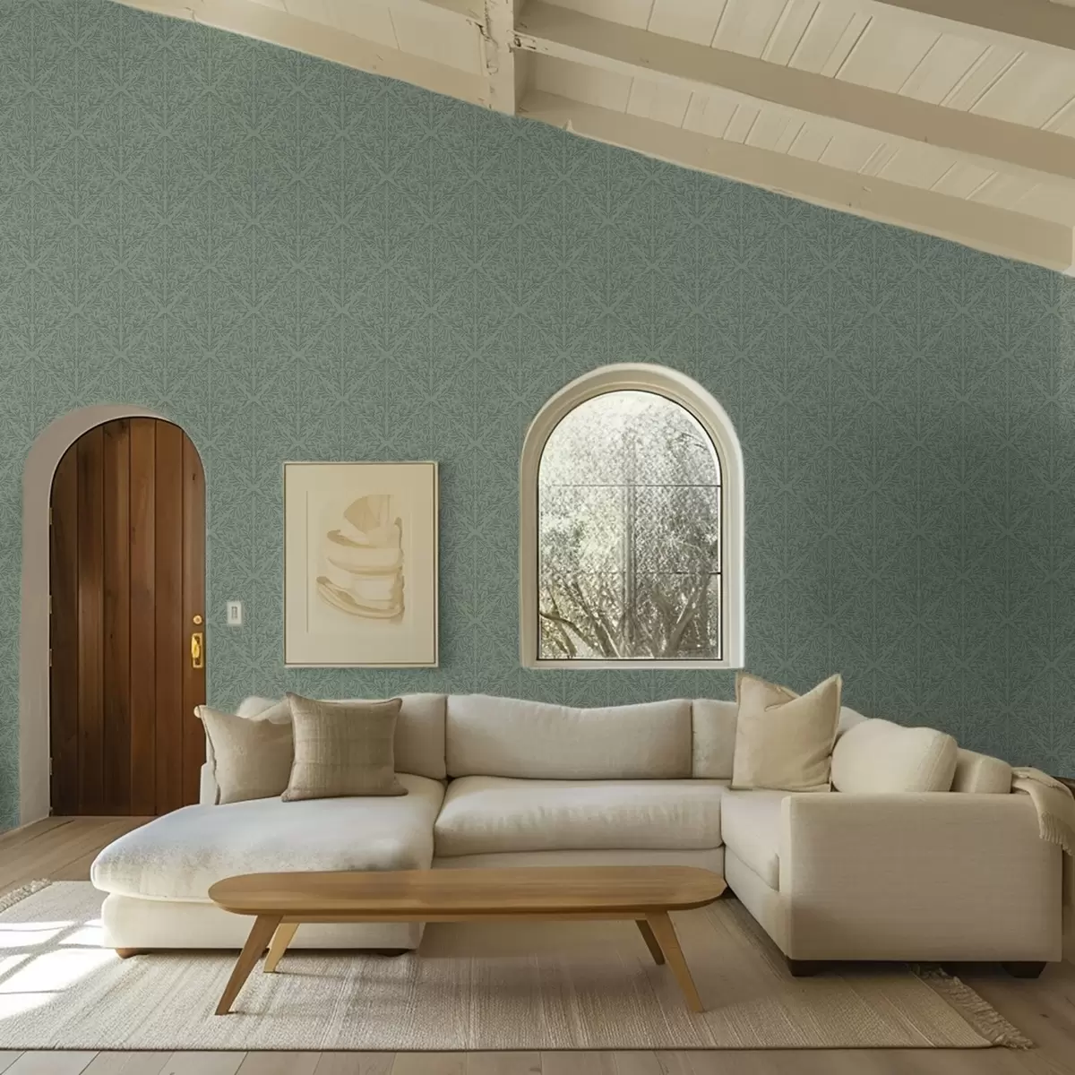 Pozadina Fini botanički damast u prigušenoj zelenoj boji a00815v1